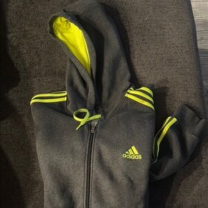 adidas Gray Performance Jacket with Full-Length Zipper and Neon Yellow Accents